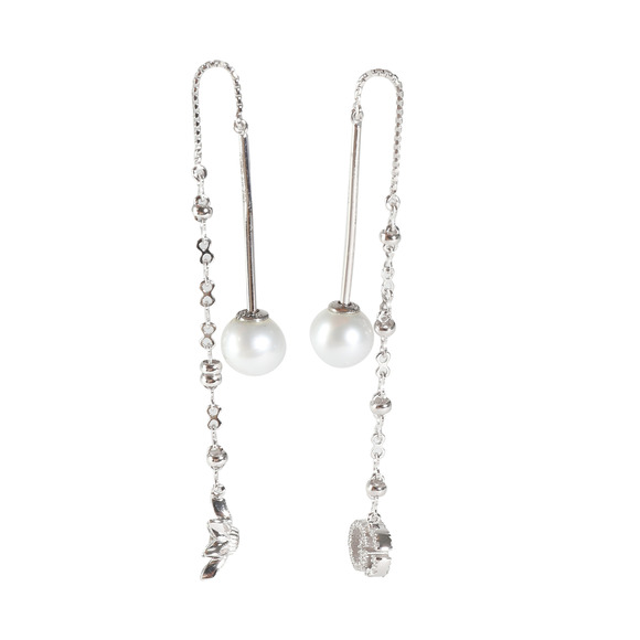 Gucci Flora Diamond & Pearl Threader Earrings in 18k White Gold 0.24 CTW - Picture 2 of 3